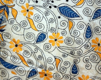 SALE Boho, White, Pure Silk, Vintage, Floral Hand Embroidered in Floral Motifs, Stole, Scarf, Wrap, Shawl, Bed Runner, Table Runner