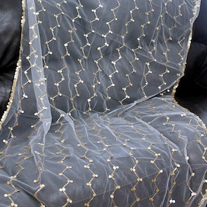 CLEARANCE Boho Gold Embroidery and Flat Sequins on Soft, Mesh Fabric