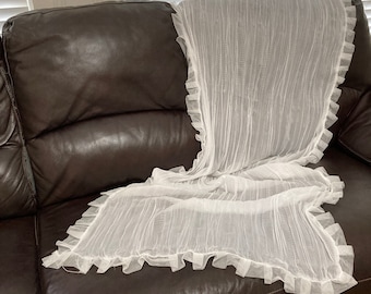 Vintage, White, Soft, Chiffon Reversible Shawl Wrap, Wide Dupatta with Net Ruffle Large Wrap Bridal Veil Chuppah Canopy