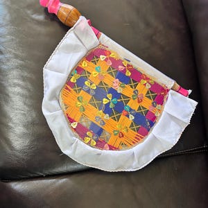 Vintage, Hand-crafted, Hand Embellished Fan with Solid Wood Handle Wall Decor Functional
