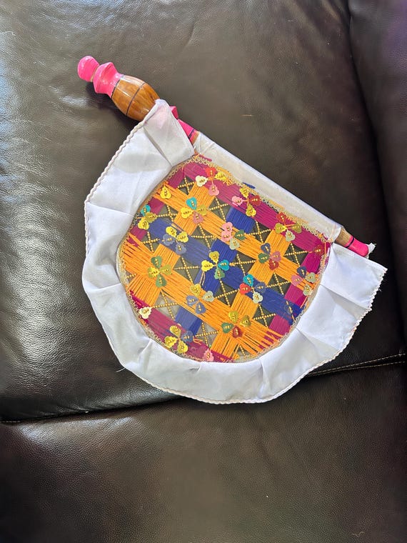 Vintage, Hand-crafted, Hand Embellished Fan with Solid Wood Handle Wall Decor Functional, CLEARANCE