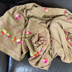 DISCOUNTED Vintage Boho Brown With Hand Embroidered Floral Motifs Pure Soft Cotton Shawl Wrap Stole Extra Large Size