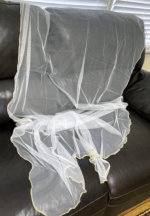 Vintage, White Soft Net with Gold Beaded Wavy Edg… - image 3