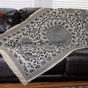 CLEARANCE Boho, Off-White and Black, Unisex, Pure Silk, Vintage, Hand Embroidered in Mandala Floral Motifs, Stole, Wrap, Shawl, Tapestry, XL
