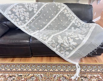 Gorgeous Organza Silk, 7.5 feet x 4 feet, Handwoven Creme with White Copper Tree of Life Motifs Lace Ties Chuppah Covering Wrap
