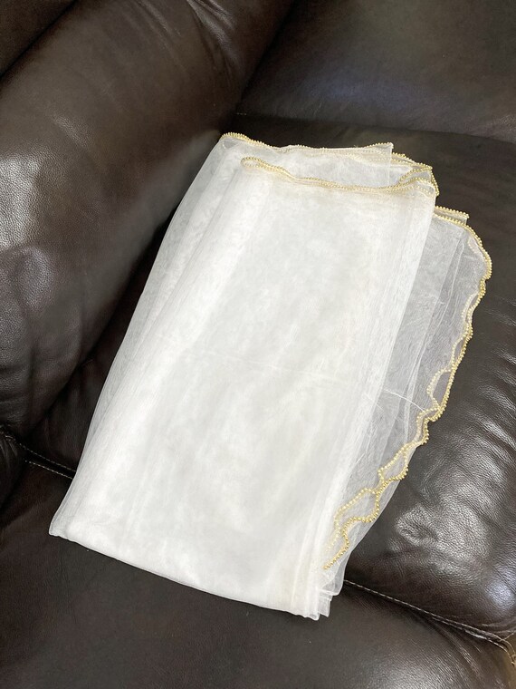 Vintage, White Soft Net with Gold Beaded Wavy Edg… - image 6