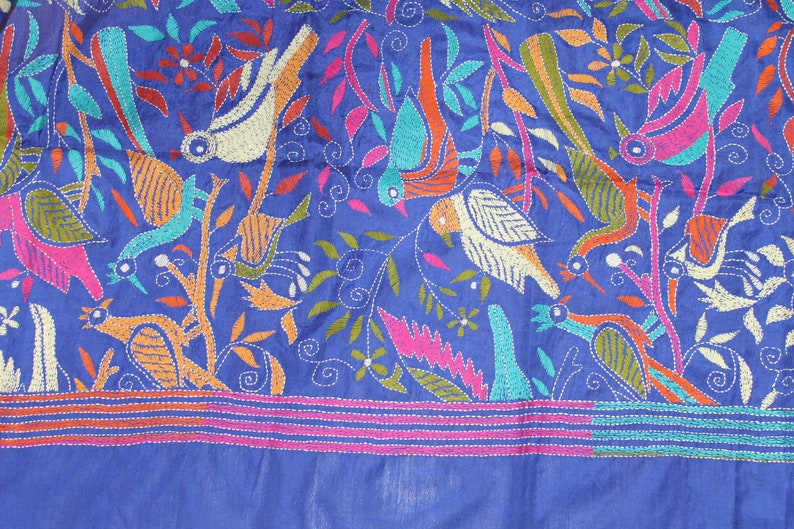 SALE Vintage, Boho, Blue Silk Blend Hand Embroidered in Flying Bird Motifs, Stole, Scarf, Wrap, Shawl, Chuppah, Extra Large, Over-sized image 6