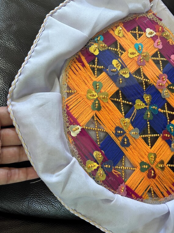 Vintage, Hand-crafted, Hand Embellished Fan with Solid Wood Handle Wall Decor Functional, CLEARANCE View 2