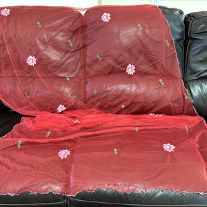 Boho Red with Intricate Embroidery, Soft Net Wrap Dupatta, Large Wrap Bridal Veil Chuppah Canopy