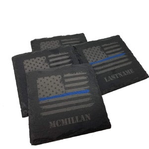 Personalized Police Thin Blue Line Distressed American Flag Slate Coaster Set