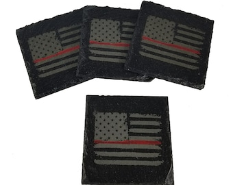 Firefighter Thin Red Line Distressed American Flag Slate Coaster Set