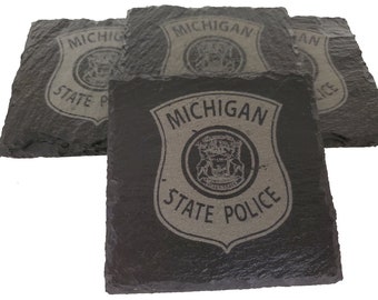 Michigan State Police Trooper Slate Coaster Set - MI State Police - MSP Graduation Gift