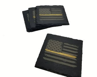 Dispatcher Thin Gold Line Distressed American Flag Slate Coaster Set
