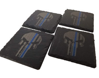 Thin Blue Line Punisher American Flag Slate Coaster Set