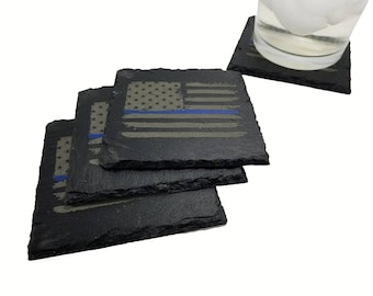 Police Thin Blue Line Distressed American Flag Slate Coaster Set