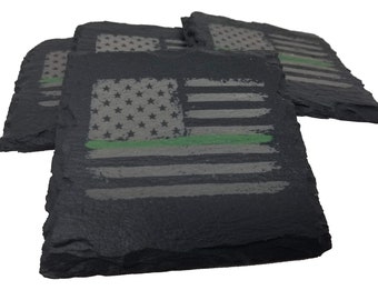 Green Line Distressed American Flag Slate Coaster Set