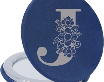 2 1/2” Leatherette Compact Mirror, Engraved Mirror, Personalized Gifts, Customizable Looking Glass - Flowers Monogram