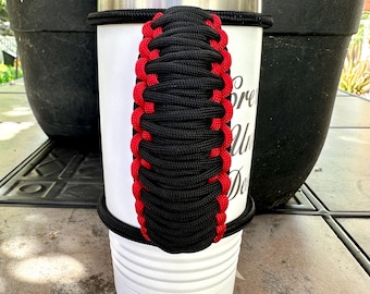 Handwoven Paracord Tumbler Handle: Black with Red Trim, Fits 20oz Tumblers