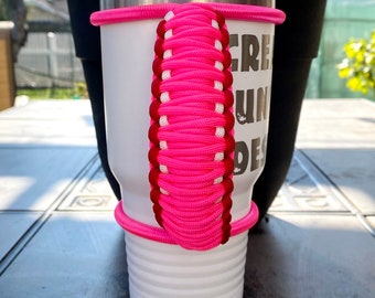 Pink White Red Paracord Handle Coated Tumblers Travel Mug Stainless Steel Tumblers 30 Oz