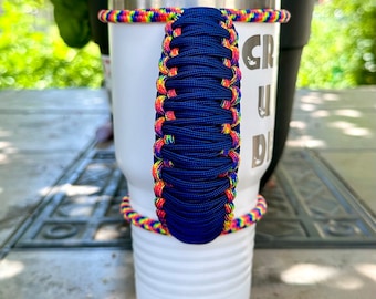 Customizable Paracord Tumbler Handle: Kaleidoscope Trim, Stainless Steel Travel Mug (30 Oz)