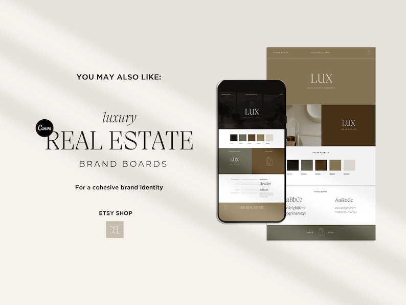 Pu&ograve; includere: Un mockup di un brand board per un'azienda immobiliare di lusso chiamata "LUX". Il board include una palette di colori, un logo e una tipografia.