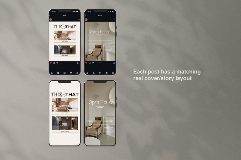Pu&ograve; includere: Due post di Instagram, uno intitolato "THIS THAT" e l'altro "Open House", che mostrano foto di design d'interni. I post sono visualizzati sullo schermo di uno smartphone.