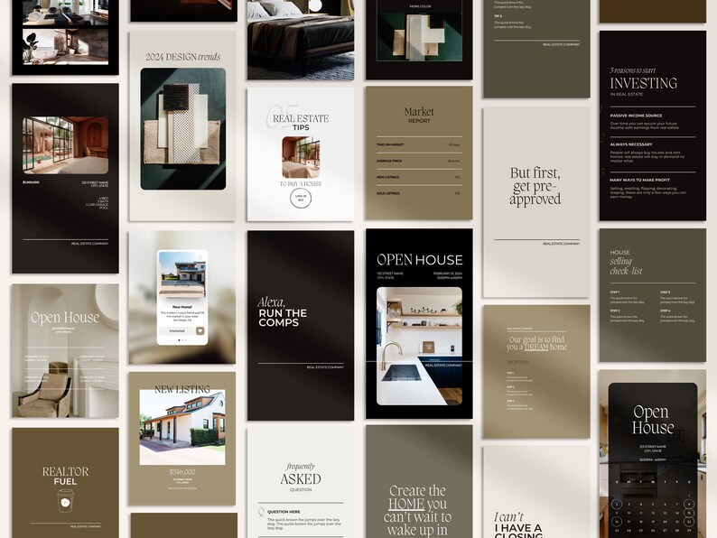 Pu&ograve; includere: Un collage di 16 post sui social media per un'agenzia immobiliare. I post presentano immagini di case, testo sull'immobiliare e consigli per l'acquisto di una casa. I post sono progettati in uno stile moderno e minimalista con una tavolozza di colori neutri.