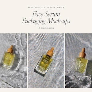 May include: Face serum packaging mock-ups in water. Three clear glass bottles with wooden droppers are partially submerged in rippling water. The bottles contain a yellow liquid and are labeled "FACE SERUM". The image has a neutral, light-toned background.