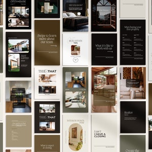 Pu&ograve; includere: Una raccolta di modelli di post sui social media per agenti immobiliari. I modelli presentano immagini di case, design d'interni e consigli immobiliari. Il testo sui modelli include frasi come "Trova la tua casa perfetta", "Appena inserito", "Consigli immobiliari" e "Come &egrave; lavorare con noi".
