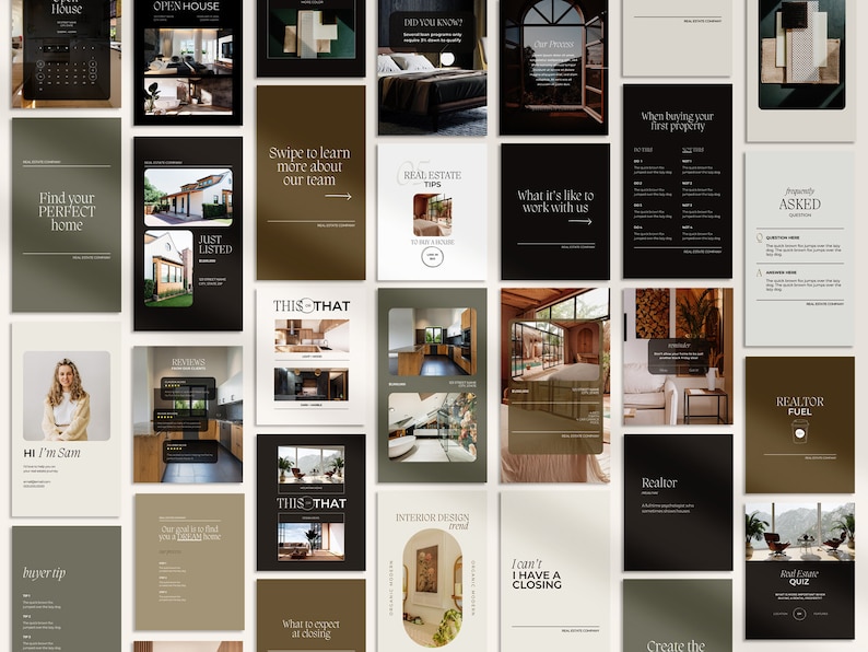 Pu&ograve; includere: Una raccolta di modelli di post sui social media per agenti immobiliari. I modelli presentano immagini di case, design d'interni e consigli immobiliari. Il testo sui modelli include frasi come "Trova la tua casa perfetta", "Appena inserito", "Consigli immobiliari" e "Come &egrave; lavorare con noi".