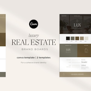 Plantilla de tablero de marca de bienes raíces de lujo CANVA Canva editable, marca para agentes inmobiliarios, diseño moderno y profesional