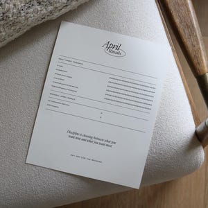 Pu&ograve; includere: Un foglio di carta bianco con il testo "April Rituals" e un tracker delle abitudini quotidiane, appoggiato su una sedia di colore chiaro. La carta include sezioni per il monitoraggio delle abitudini e degli obiettivi generali, con una citazione motivazionale.