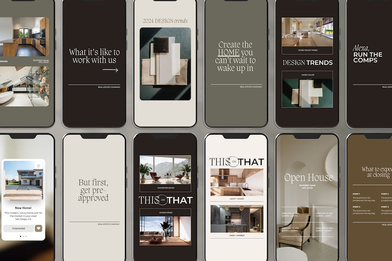 Pu&ograve; includere: Un collage di nove immagini che mostrano le tendenze del design d'interni per le case. Le immagini presentano cucine, soggiorni e camere da letto moderne con un focus sulla luce naturale, i colori neutri e il design minimalista.