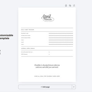 Pu&ograve; includere: Un modello di monitoraggio delle abitudini stampabile bianco con il testo "April Rituals" in alto. Il modello include sezioni per le abitudini quotidiane e gli obiettivi generali, con una citazione motivazionale in basso. Il logo Canva si trova nell'angolo in alto a sinistra.