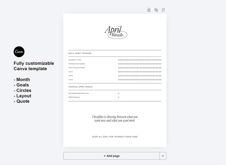 Pu&ograve; includere: Un modello di monitoraggio delle abitudini stampabile bianco con il testo "April Rituals" in alto. Il modello include sezioni per le abitudini quotidiane e gli obiettivi generali, con una citazione motivazionale in basso. Il logo Canva si trova nell'angolo in alto a sinistra.