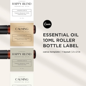 Puede incluir: Tres etiquetas imprimibles para botellas de aceites esenciales de 10 ml con rodillo. Las etiquetas son beige, verde claro y marrón claro. Las etiquetas tienen el texto "Happy Blend Essential Oils", "Calming Essential Oils" y "Happy Blend Essential Oils". Las etiquetas también enumeran los ingredientes de cada mezcla.