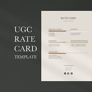 Bewerkbare UGC-tariefkaartsjabloon, modern, minimaal tariefblad, klikbare links, portfoliotariefkaart