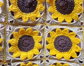 Hand Crocheted Sunflower Granny Square Afghan, Fall Decor
