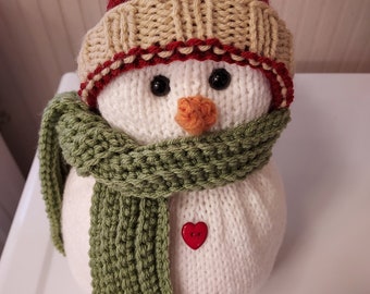 Hand Knitted Snowman Decoration, Burgundy Hat and Scarf, Christmas Decor