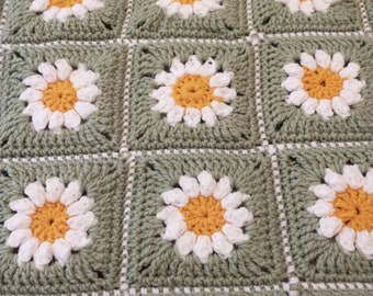 Hand Crocheted Daisy Flower Afghan, Sage Green Granny Square Throw