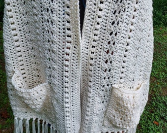 Hand Crocheted Shawl with Pockets, Acrylic Winter Wrap