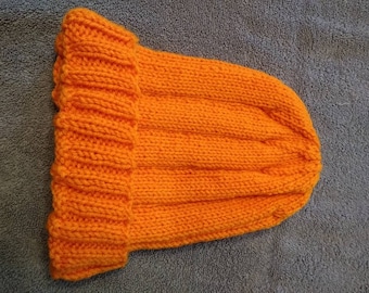 Hand Knitted Safety Orange Beanie, Ribbed Warm Winter Hat