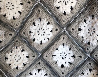 Snowflake Granny Square Afghan, Gray Crochet Throw Blanket, Winter Decor