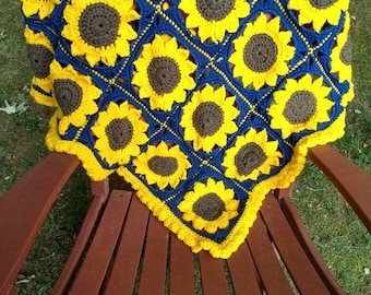 Hand Crocheted Sunflower Granny Square Afghan, Blue & Yellow Throw