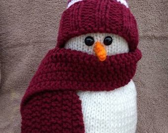 Hand Knitted Snowman Decoration, Burgundy Hat and Scarf