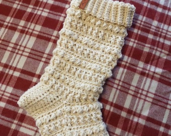 Handmade Stocking Crocheted Christmas Customize Order Cream Red Green Leather Label Fireplace