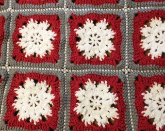 Granny Square Snowflake Afghan, Red and Gray Crochet Blanket