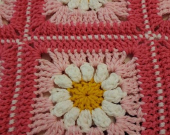 Handmade Daisy Granny Square Afghan, Custom Two-Tone Crochet Blanket