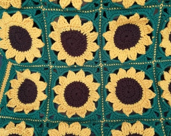 Hand Crocheted Sunflower Granny Square Afghan, 40x58 Throw