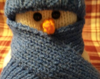 Hand Knitted Snowman Decoration, Royal Blue Hat and Scarf